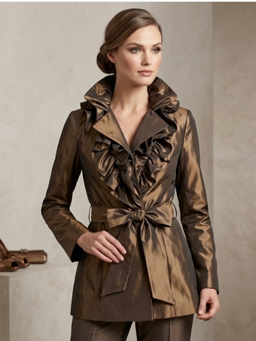 C.C. Couture Bronze Satin Ruffle Jacket Size S